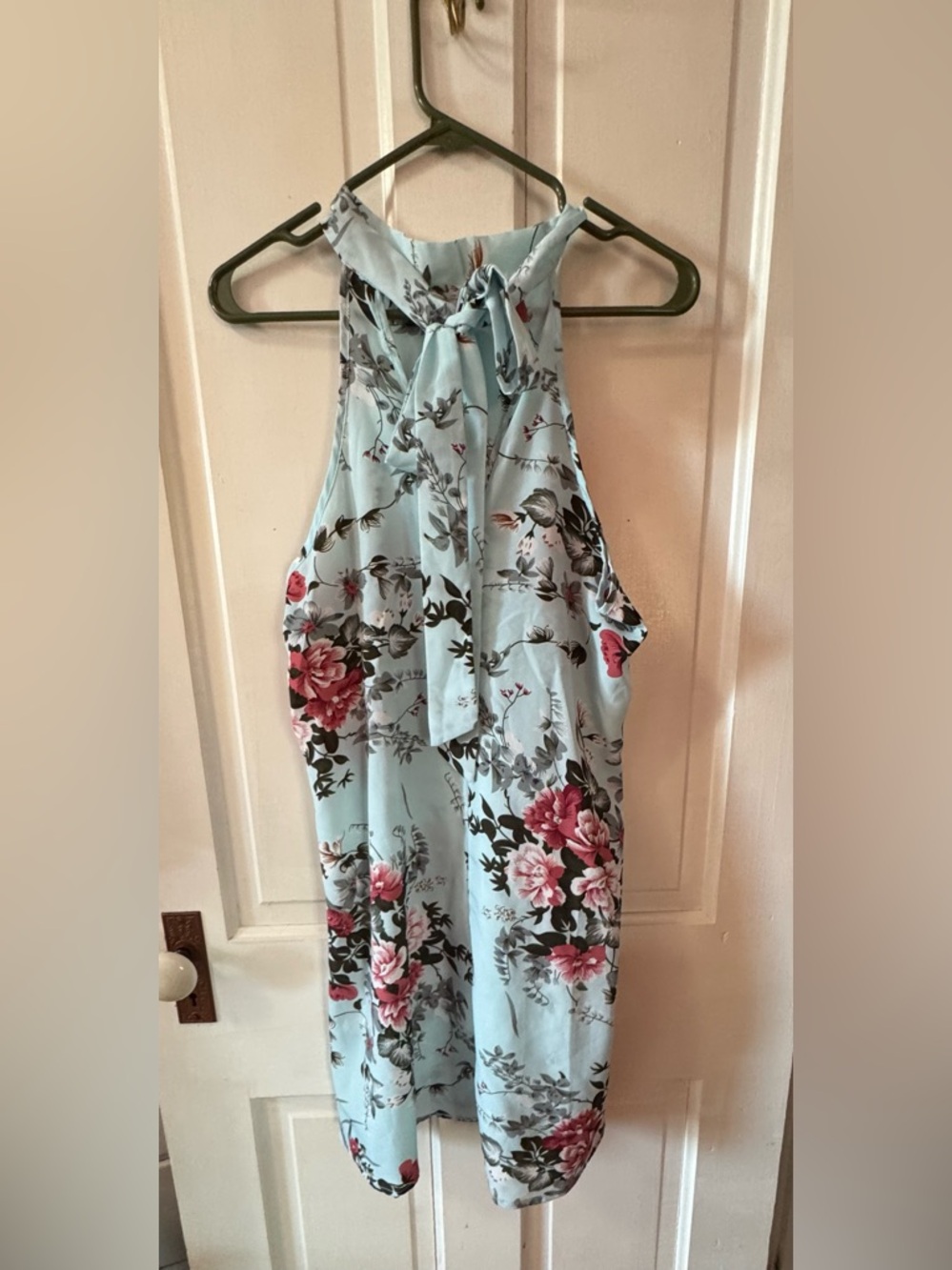 SHEIN Light Blue Floral Halter Mini Dress with Pink Roses